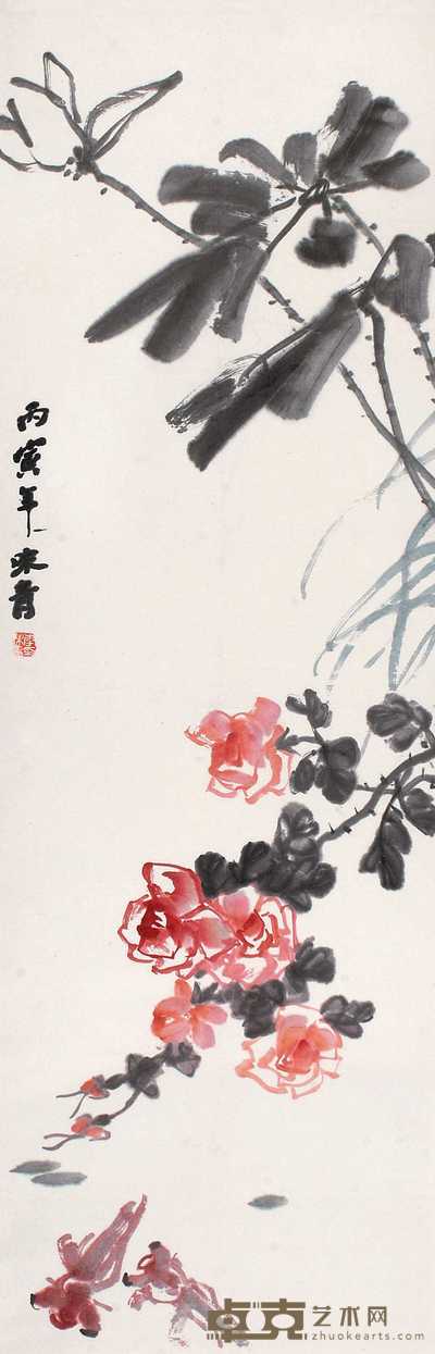 李味青 月季花金鱼图 立轴 110×34cm